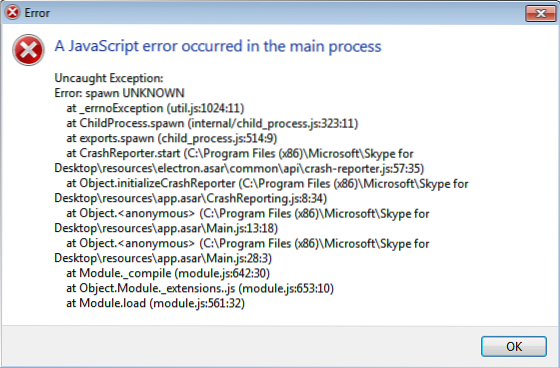 A Javascript Error occurred in the main process of Windows 10