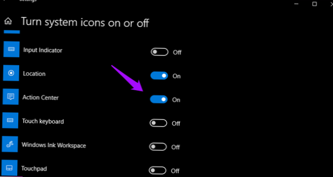 Action center icons