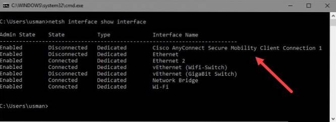 Zkontrolujte stav připojení VPN z příkazového řádku v systému Windows