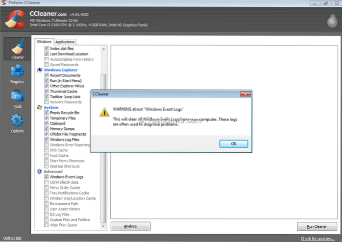Vyčistěte protokoly událostí systému Windows pomocí CCleaner