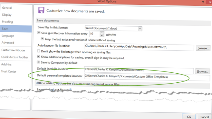 locația implicită a șabloanelor personale
