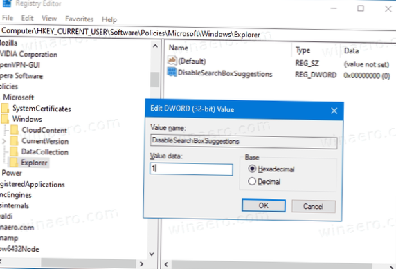 disabilita la ricerca sul web windows 10 2004