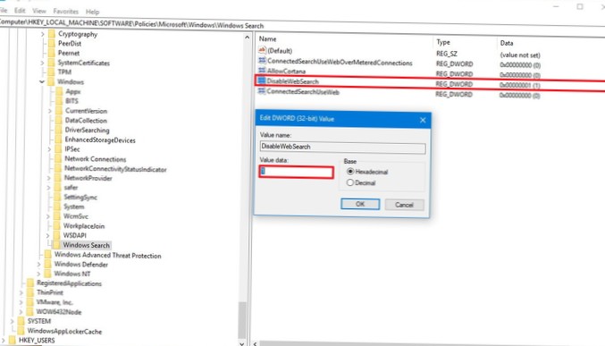 Deaktivieren Sie die Windows 10-Registrierung für die Websuche