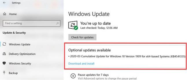 Stáhněte a nainstalujte KB4541335 Windows 10 kumulativní aktualizace pro březen 2020 [verze 1909, 1903]