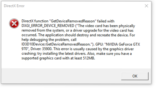DXGI ERROR DEVICE REMOVED Error in Windows 10 Fix