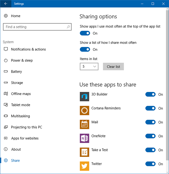 Habilite a página oculta “Opções de compartilhamento” no aplicativo Configurações do Windows 10