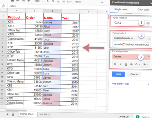formattazione condizionale di fogli di google basata su un altro foglio
