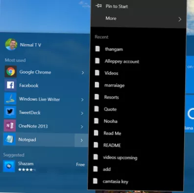 Sådan får du adgang til seneste filer fra Start-menuen på Windows 10