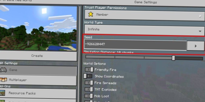 Comment semer des mondes dans Minecraft Bedrock Edition sur Windows 10