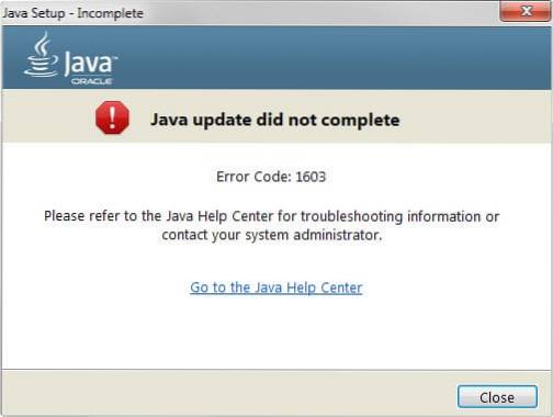 L'installazione o l'aggiornamento di Java non è stato completato Codice di errore 1603