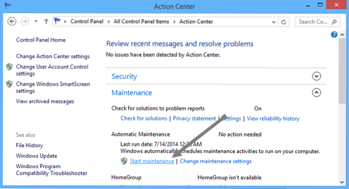 Iniciar e parar manualmente a manutenção automática no Windows 8