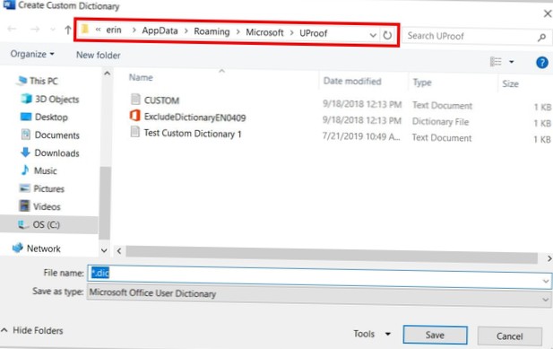 office 365 custom dictionary location