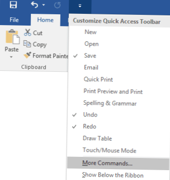 quick access toolbar word 2016