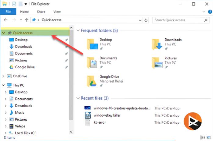 Odeberte Rychlý přístup a Uživatelské složky z Průzkumníka souborů ve Windows 10