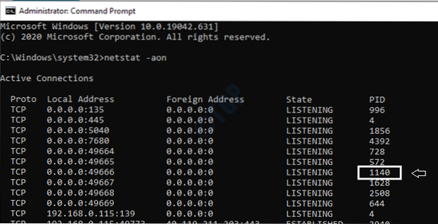 Søg efter en proces, der er aktiv / lytter / kører på en port i Windows 10
