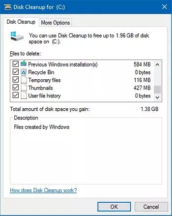 Démarrer le nettoyage de disque avec toutes les options de case à cocher activées par défaut