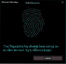 Tento otisk prstu již byl nastaven na jiném účtu Windows 10 Hello Error