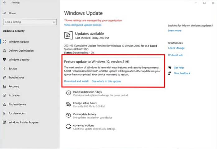 Aggiornamento delle funzionalità di Windows 10 alla versione 21H1 (Build 19043.844 - KB4601382)