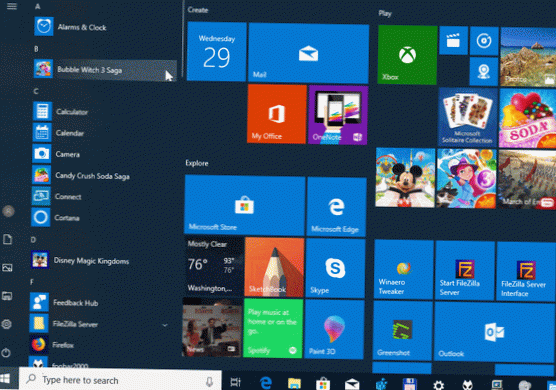 groupes de menus de démarrage de windows 10