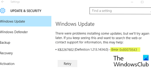 Windows Update non viene scaricato o installato, errore 0x80070543