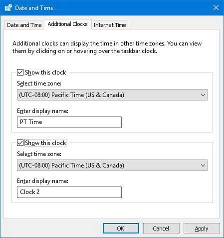 Aggiungi più orologi in Windows 10 per diversi fusi orari