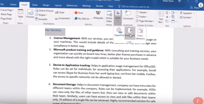 bookmark in word 2016