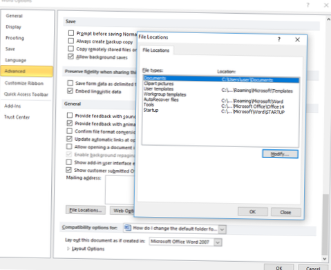 change default open location excel 2016
