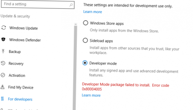 Chyba režimu vývojáře Windows 10