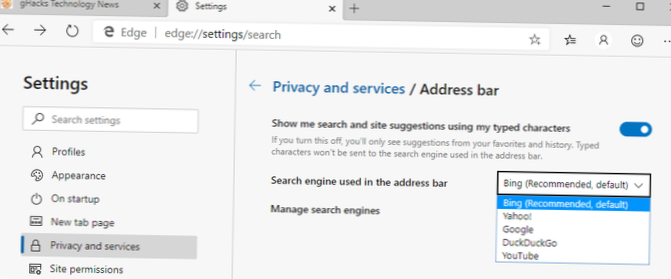 Motore di ricerca per la modifica della pagina iniziale di Edge