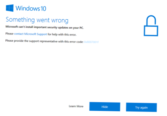 feil under oppdatering av Windows 10