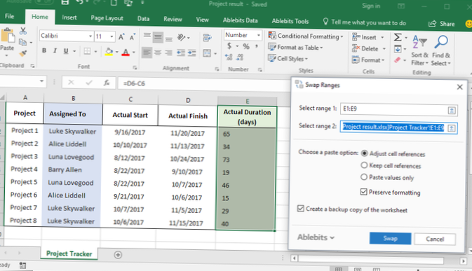 excel swap gammes