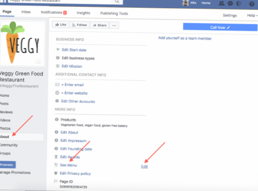 comment modifier le menu sur la page facebook