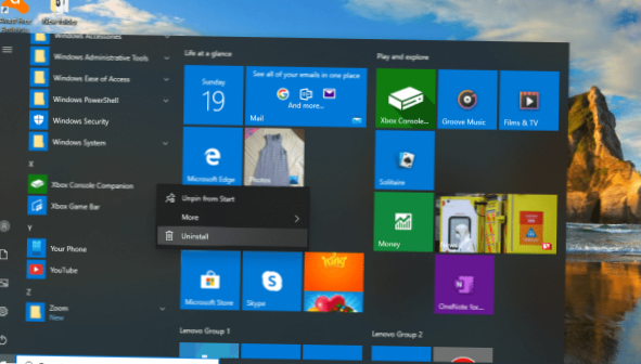 cómo deshacerse de aplicaciones en la pantalla de inicio de Windows 10