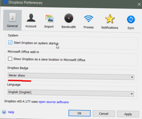 hvordan man fjerner dropbox-ikonet fra proceslinjen