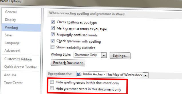cum se dezactivează verificarea ortografică în word pentru un document