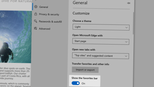 umístění lišty oblíbených položek Microsoft Edge