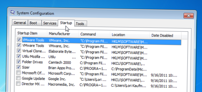 programmes de démarrage msconfig