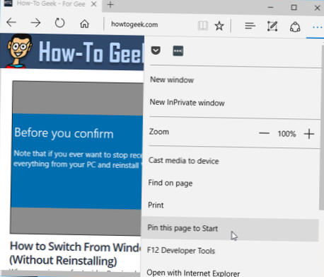 épingler le site Web pour démarrer le menu Windows 10 Internet Explorer