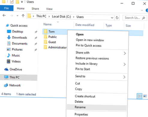 Rename user folder Windows 10