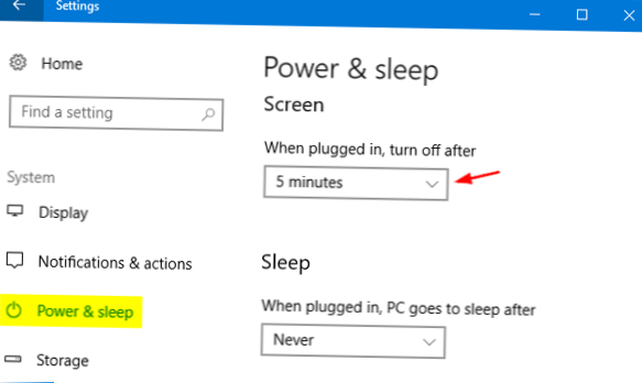 ecranul dezactivează Windows 10