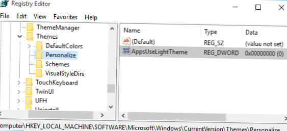 Registro de tema escuro do Windows 10