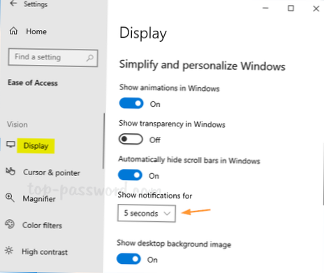 windows 10 notificatie duur minder dan 5 seconden