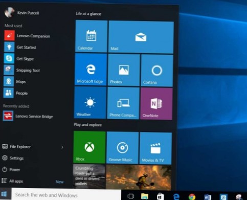 menu Start systemu Windows 10, takie jak Windows 7