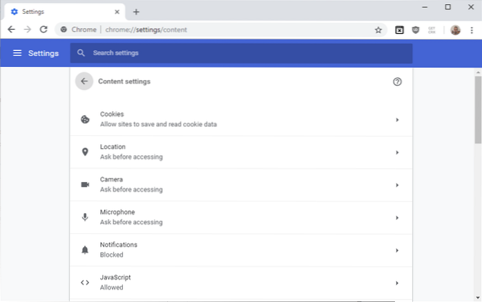 conteúdo de configurações do cromo