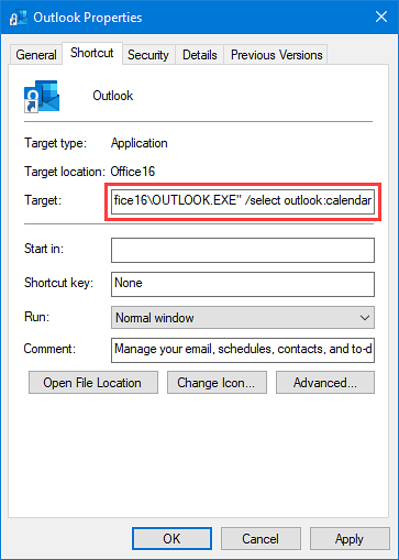 Opret genvej i Outlook
