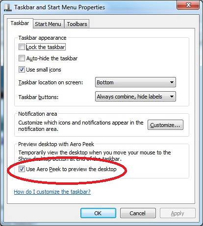 forhåndsvisning av skrivebord med aero peek er deaktivert Windows 7