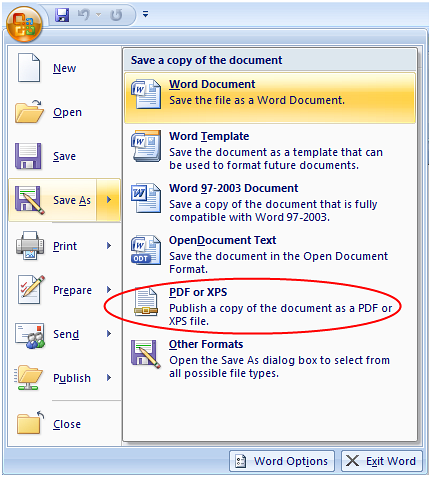 salvați ca PDF Office 2007