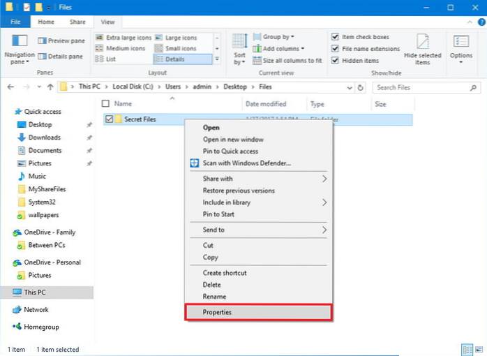 klávesová zkratka pro skrytí složky ve Windows 10