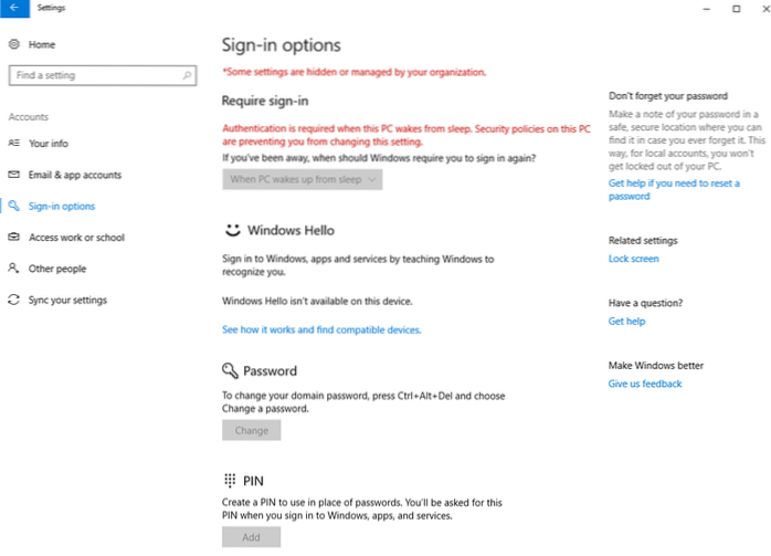 le opzioni di accesso sono disattivate per Windows 10
