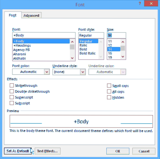 quelle est la taille de police par défaut dans Word 2013